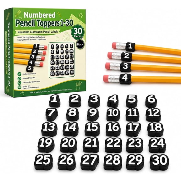 30 Pcs Numbered Pencil Toppers 1-30, Reusable Classroom Pencil Labels for Teachers, Pencil Tracking Markers for Supply Stations and School Organization (Black, Number: 1-30)
