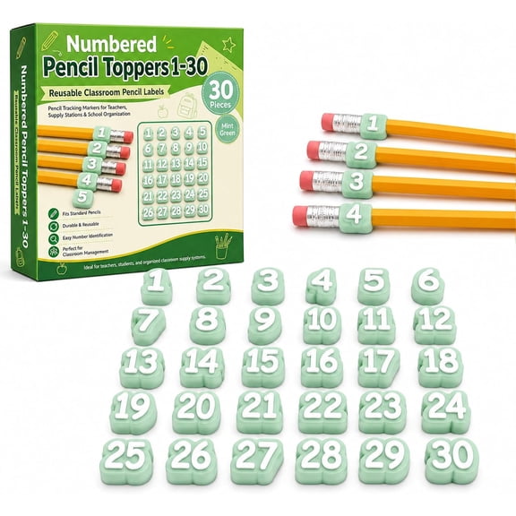 30 Pcs Numbered Pencil Toppers 1-30, Reusable Classroom Pencil Labels for Teachers, Pencil Tracking Markers for Supply Stations and School Organization (Green, Number: 1-30)