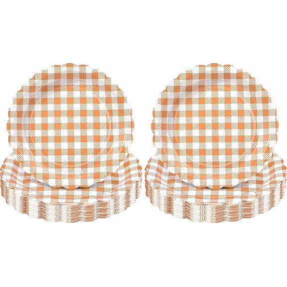 30 Pcs Orange Gingham Plates, 9 Inch Scalloped Fall Thanksgiving Plates Autumn Plaid Dessert Dinner Plates Orange and White Checkered Party Supplies for Harvest Thanksgiving Party (Pack of 2)
