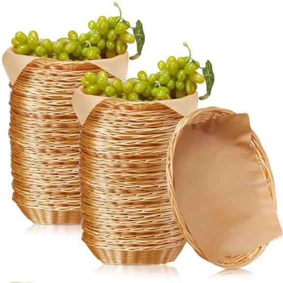 30 Pcs Oval Small Plastic Bread Basket, 8.6x 6.7x 2.4 Inch Poly Wicker Bread Baskets with 100 Pcs Food Blotting Sheets, Medium Size Gift Baskets for Serving Food Fruit Storage for Kitchen
