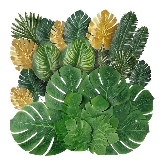 30 Pcs Palm Leaves Artificial Tropical Monstera - 8 Kinds Large Small Green Fake Palm Leaf with Stems for Safari Jungle Hawaiian Luau Party Table Decoration Wedding Birthday Theme Party Decorations