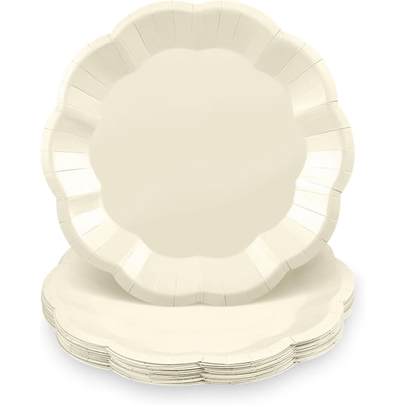 30 Pcs Paper Plates 7 In Ivory Party Plates Scalloped Paper Plate Cute Disposable Cake Plate for Baby Shower, Bridal Shower, Birthday, Wedding