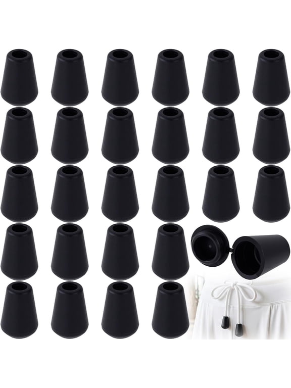 30 Pcs Paracord End Caps, Plastic Cord Lock Rope End Bell Stopper With Lid, String Ends Rope Fasteners Replacement Toggles for Drawstrings Hoodies Shoelace - Black