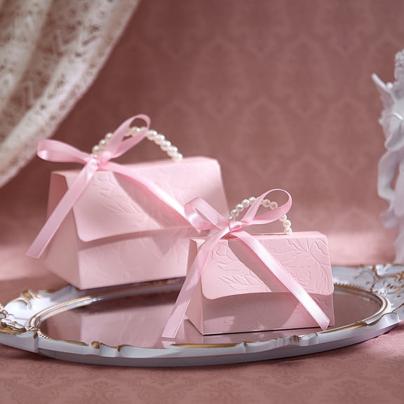 30 Pcs Pearl Ribbon Gift Boxes Set, Pink Floral Embossed Paper Favor Boxes with Handle, Mini Candy Boxes for Wedding Party Favors, Small Gift Packaging for Chocolates Jewelry and Events