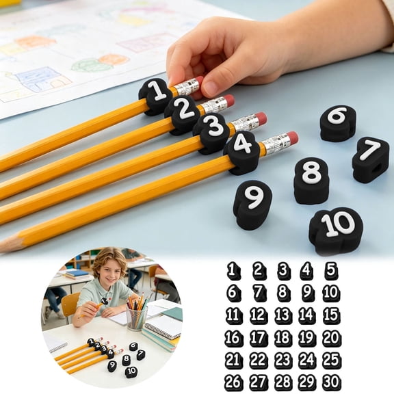 30 Pcs Pencil Toppers Numbered 1-30, Reusable Pencil Labels for Classroom Organization, Pencil Tracking Markers for Teachers, Slide-On Design for Standard Pencils