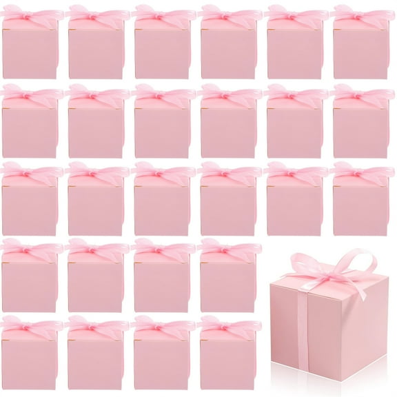 30 Pcs Pink Paper Favor Boxes Square Gift Bags with Ribbons DIY Craft Wrapping Present Boxes Chocolate Candy Small Item Containers for Wedding Home Decor Birthday Party Supplies By Scheam