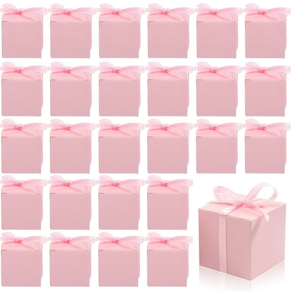30 Pcs Pink Paper Favor Boxes Square Gift Bags with Ribbons DIY Craft Wrapping Present Boxes Chocolate Candy Small Item Containers for Wedding Home Decor Birthday Party Supplies By Scheam