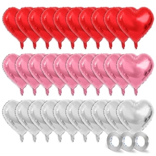 30 Pcs Pink Red Silver Heart Balloons with 3 Roll Ribbon, Large 18 Inch Mylar Foil Balloons, Helium Birthday Balloons for Engagement Party Bridal Shower Decorations Valentines Day