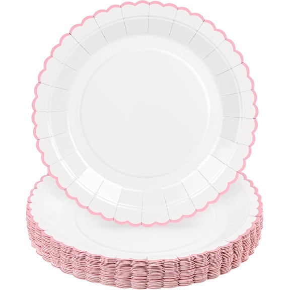 30 Pcs Pink and White Paper Plates, 9 Inch White Party Plates, Pink Scalloped Dinner Paper Plates Wedding Plates Party Supplies for Baby Girl Shower, Wedding, Mother's Day, Birthday, Easter Party