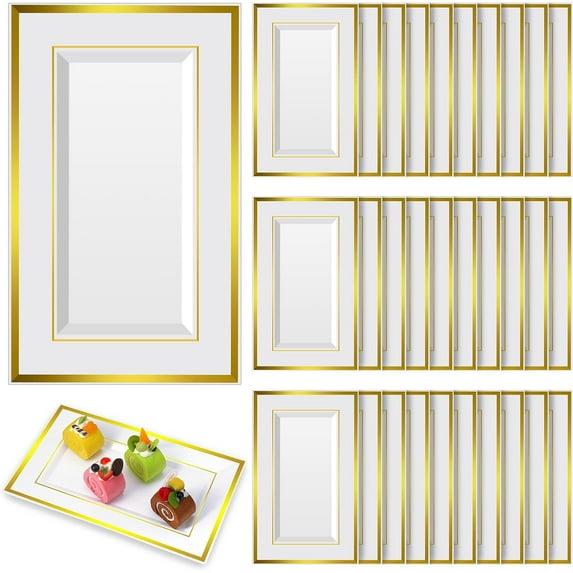 30 Pcs Plastic Serving Tray Bulk White Gold Rim Elegant Rectangle Disposable Plastic Dessert Table Display Set Serving Trays Platter for Weddings Birthday Party Food Fruit Dessert 8 x 13 Inch