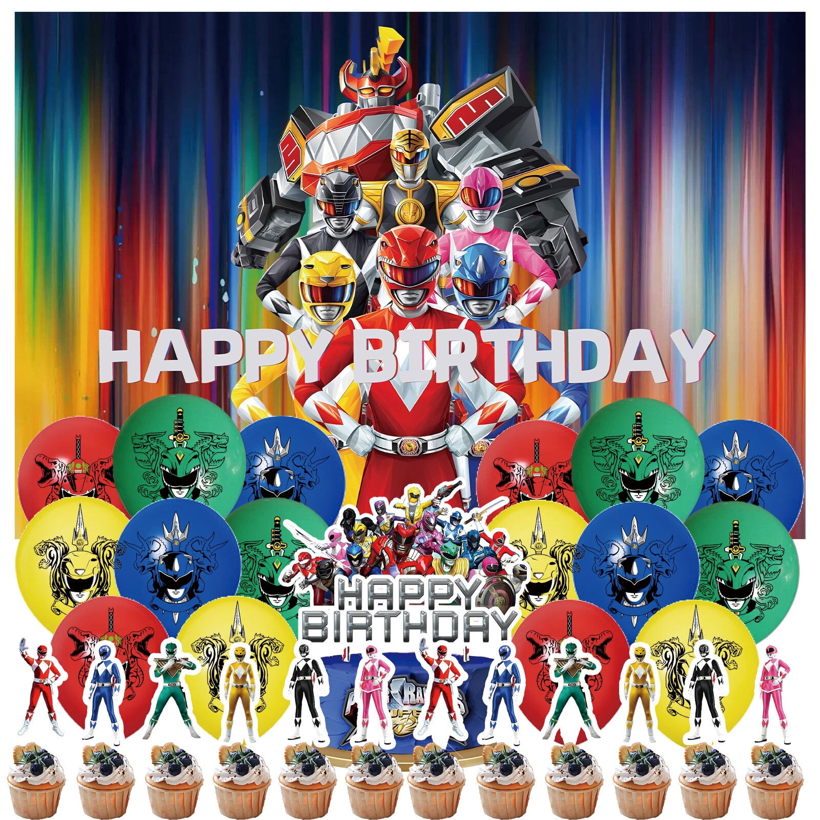 30 Pcs For Power Rangers Movie Cartoon Party Decoration Set,With 5*3ft Backdrop Cloth,Cake Topper,12 Cupcake Toppers,and 16 Balloons Party Supplies for Festive and Birthday Celebrations