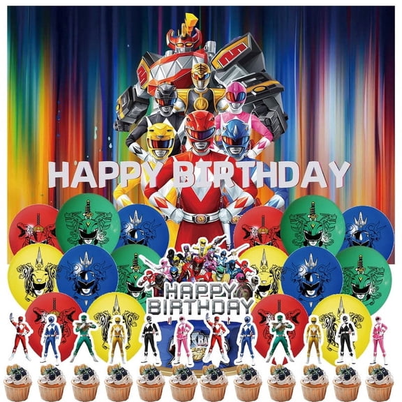 30 Pcs For Power Rangers Theme Birthday Party Supplies Party Favor Set,With 5*3ft Birthday Backdrop Decorations,13 Cupcake Toppers,16 Balloons,All-in-One Party Supply Set