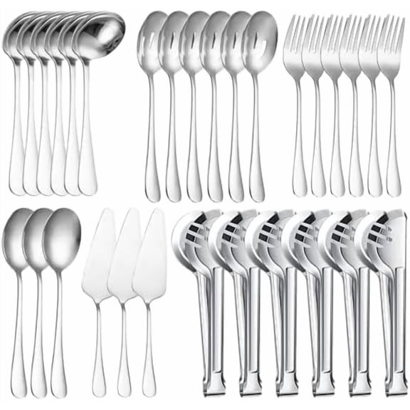 30 Pcs Stainless Steel Metal Serving Utensils Set with Slotted Serving Spoons, Serving Forks, Serving Tongs, Ladles and Pie Servers for Catering/Buffet/Chafing Dish (Silver)