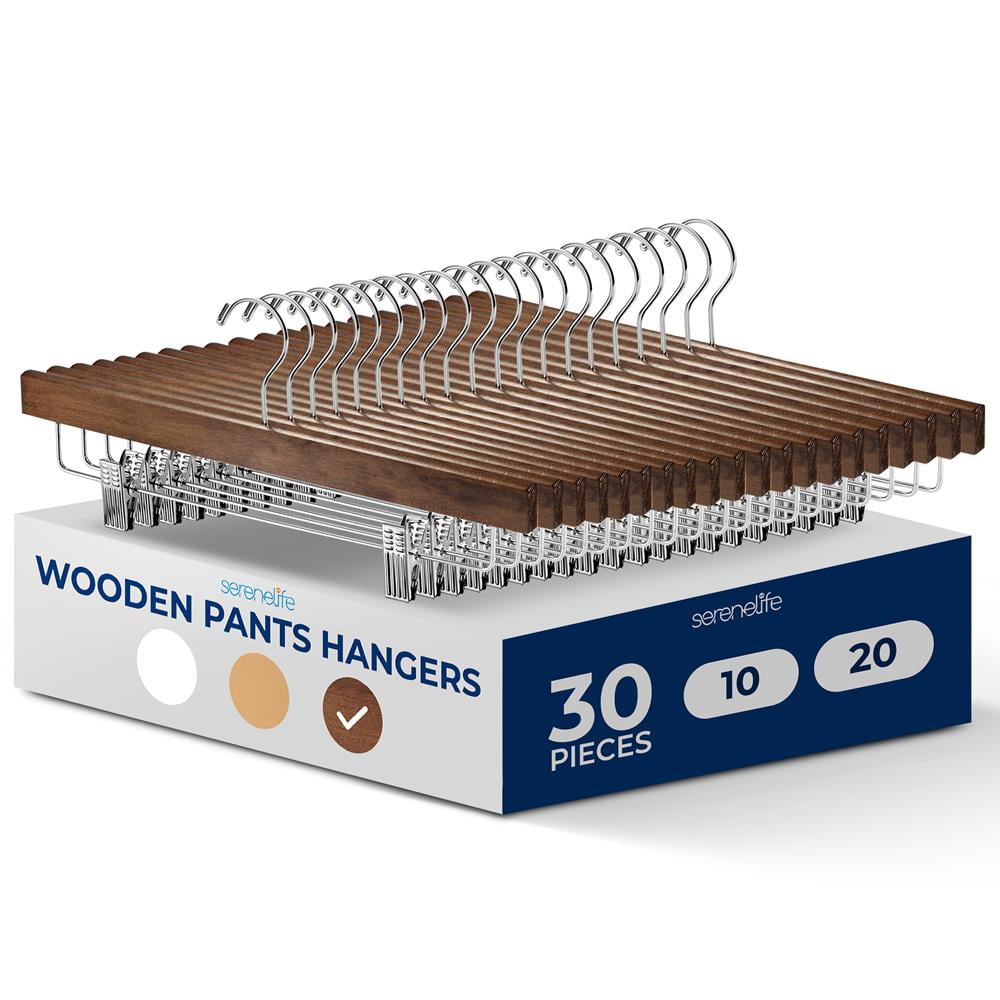 30 Pcs. Premium Wooden Pants Hangers - Heavy Duty Hanger Set with Chrome 360° Swivel Hook and Adjustable Steel Clips, Ideal for Jeans, Slacks, Skirts, and Shorts (Retro)