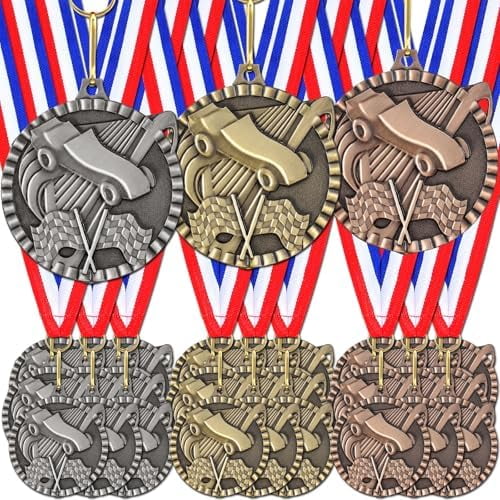 30 Pcs Race Car Derby Medals Gifts Gold Silver Bronze Award Medal with Neck Ribbon Retro Auto Racing Flag Winner Champion Trophies Prize Event Tournament Gifts$$Gift Supply & Awards