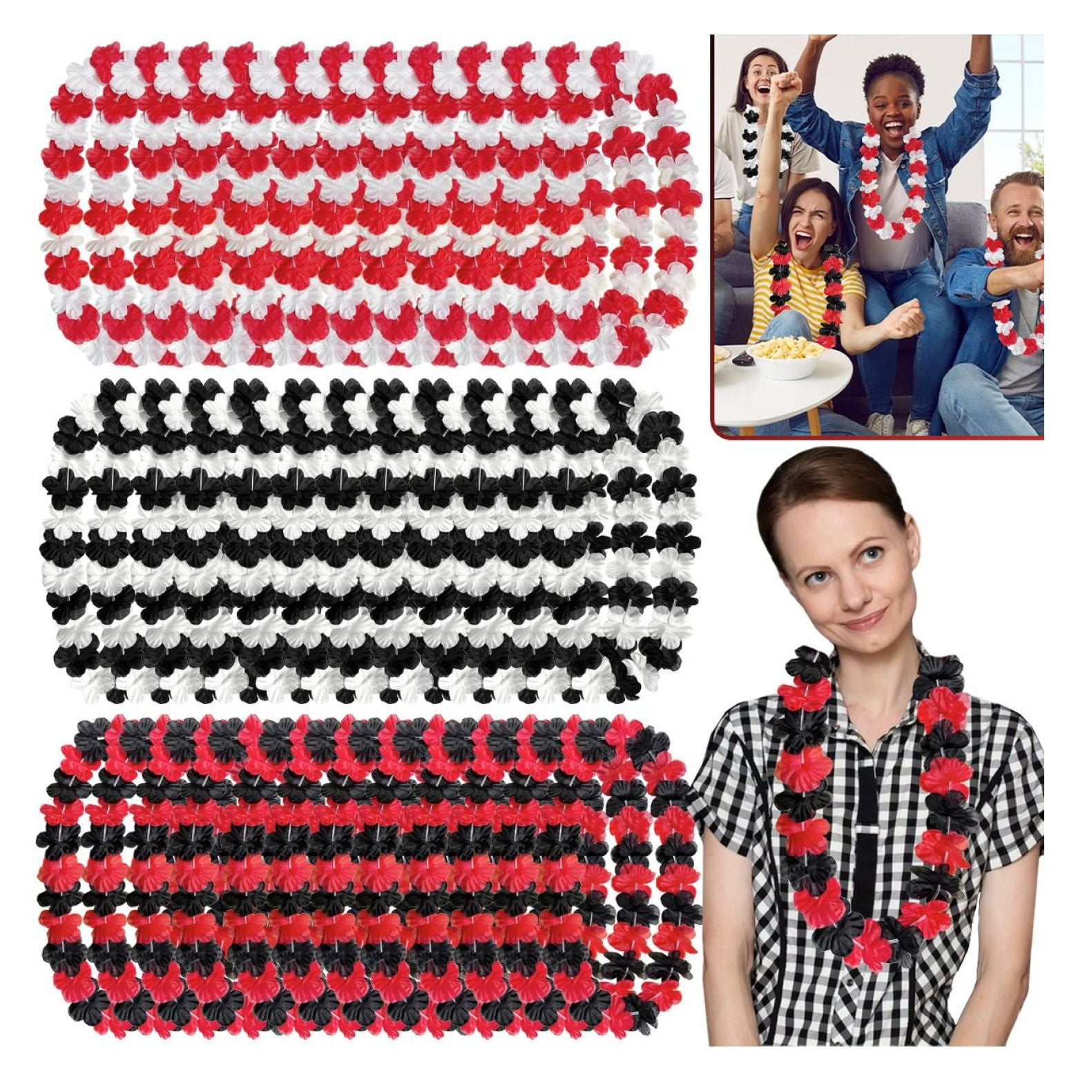 30 Pcs Racing Party Flower Leis Black White Red Mixed Color Silk Tropical Flower Necklace Hawaii Luau Theme Movie Night Party Favors Supplies for Holiday Race Car Parties Beach Birthday Decorations