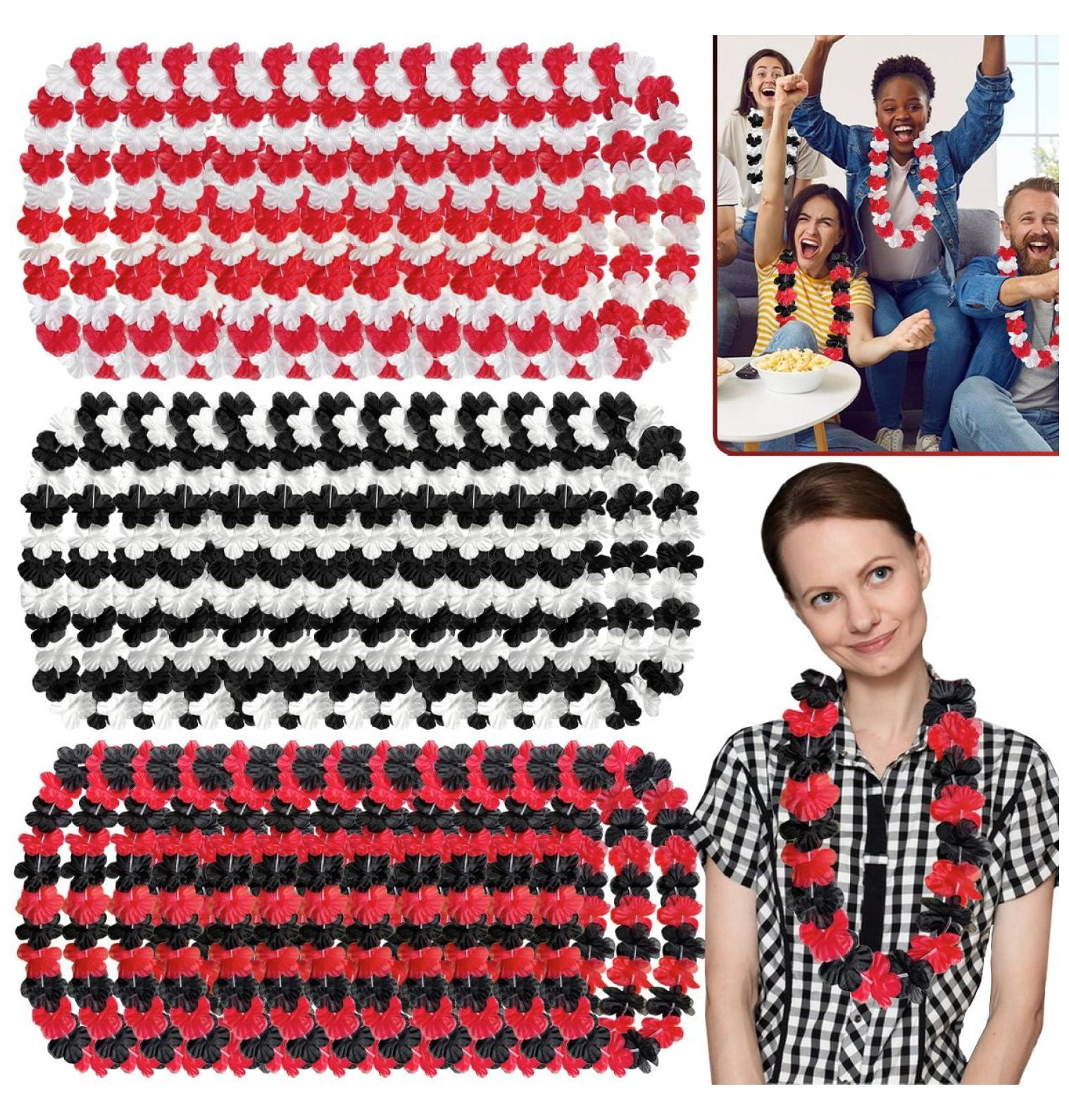 30 Pcs Racing Party Flower Leis Black White Red Mixed Color Silk Tropical Flower Necklace Hawaii Luau Theme Movie Night Party Favors Supplies for Holiday Race Car Parties Beach Birthday Decorations