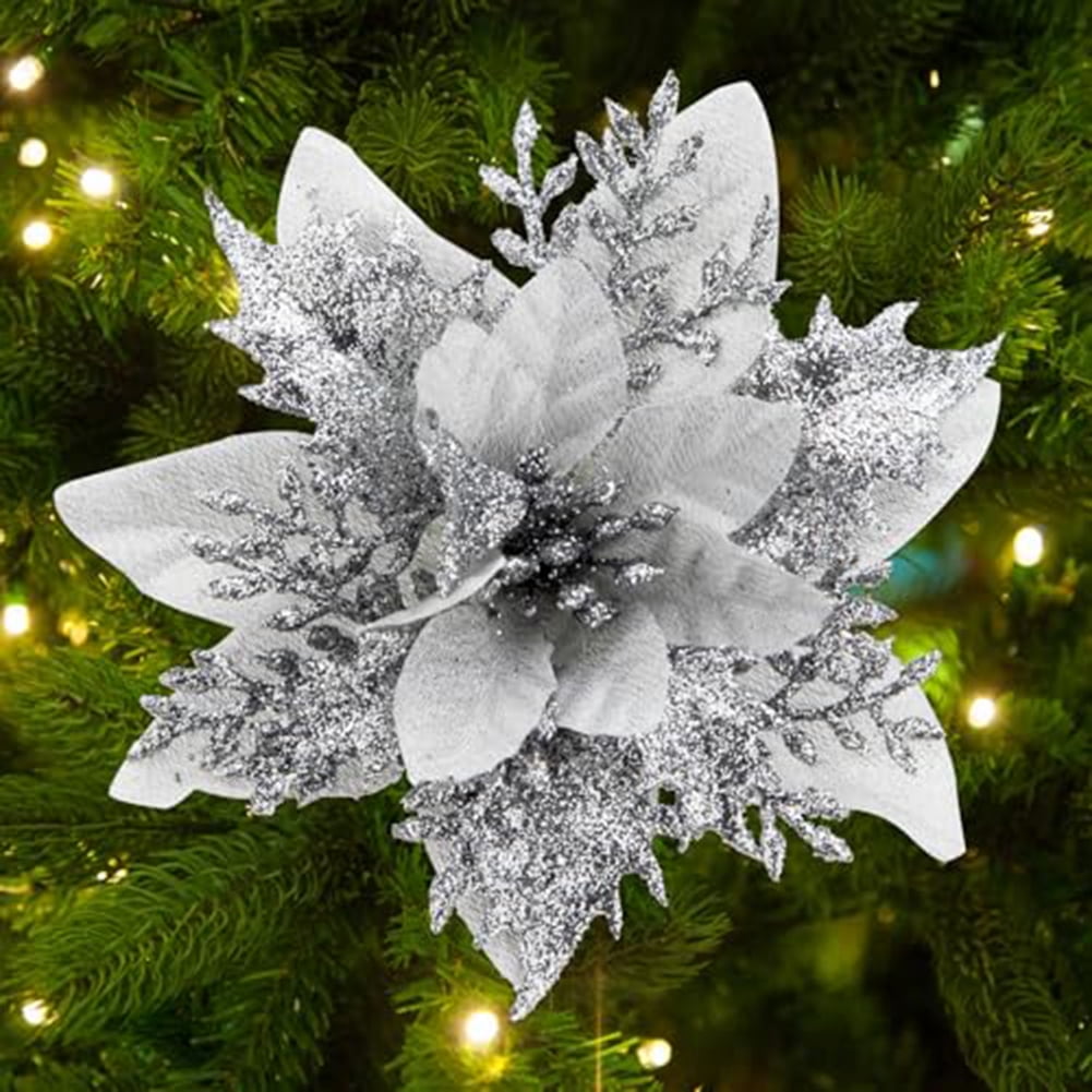 Allgala Glitter Poinsettia Flowers - 6-Pack Royal Blue Artificial Christmas Flowers With Clips For Decor