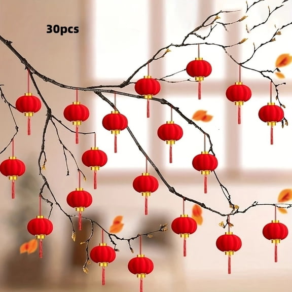 **30 Pcs Red Velvet Mini Chinese Lanterns, 1.38 Inch Hanging Lantern with Gold Cap Tassel for Spring Festival Party Wedding Tree Decor