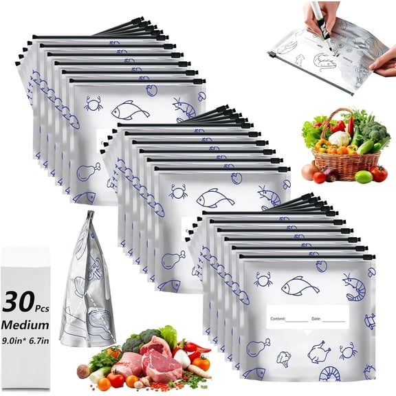30 Pcs Reusable Mylar Bags for Food Storage, Waterproof Aluminum Foil Stand Up Pouches Freezer Containers for Beans Vegetables Rice Meat Long Term Preservation, BPA Free