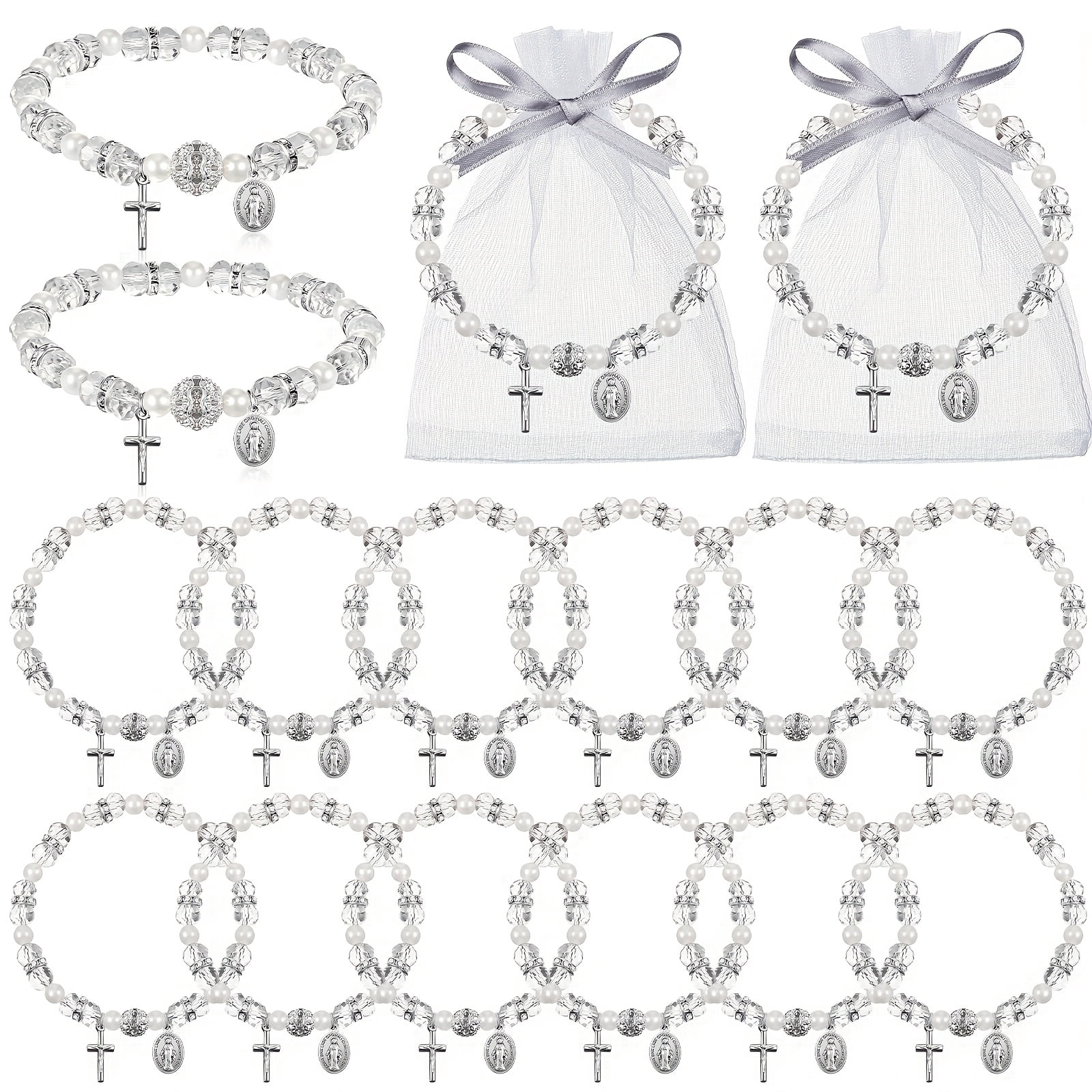 30 Pcs Rosary Bracelet Set with Gift Bags, White Catholic Bead Bracelets Bulk, First Communion Favors, Baptism Gifts, Religious Jewelry for Women and Men, Faith Accessories for Church Events