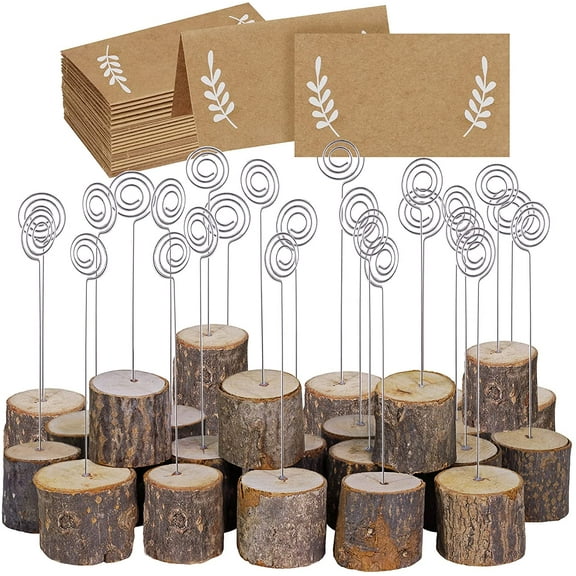 30 Pcs Rustic Wood Place Card Holders with Swirl Wire Wooden Bark Memo Holder Stand Photo Picture Note Clip 5.8" and Kraft Cards Bulk for Wedding Party Table Number Name Sign