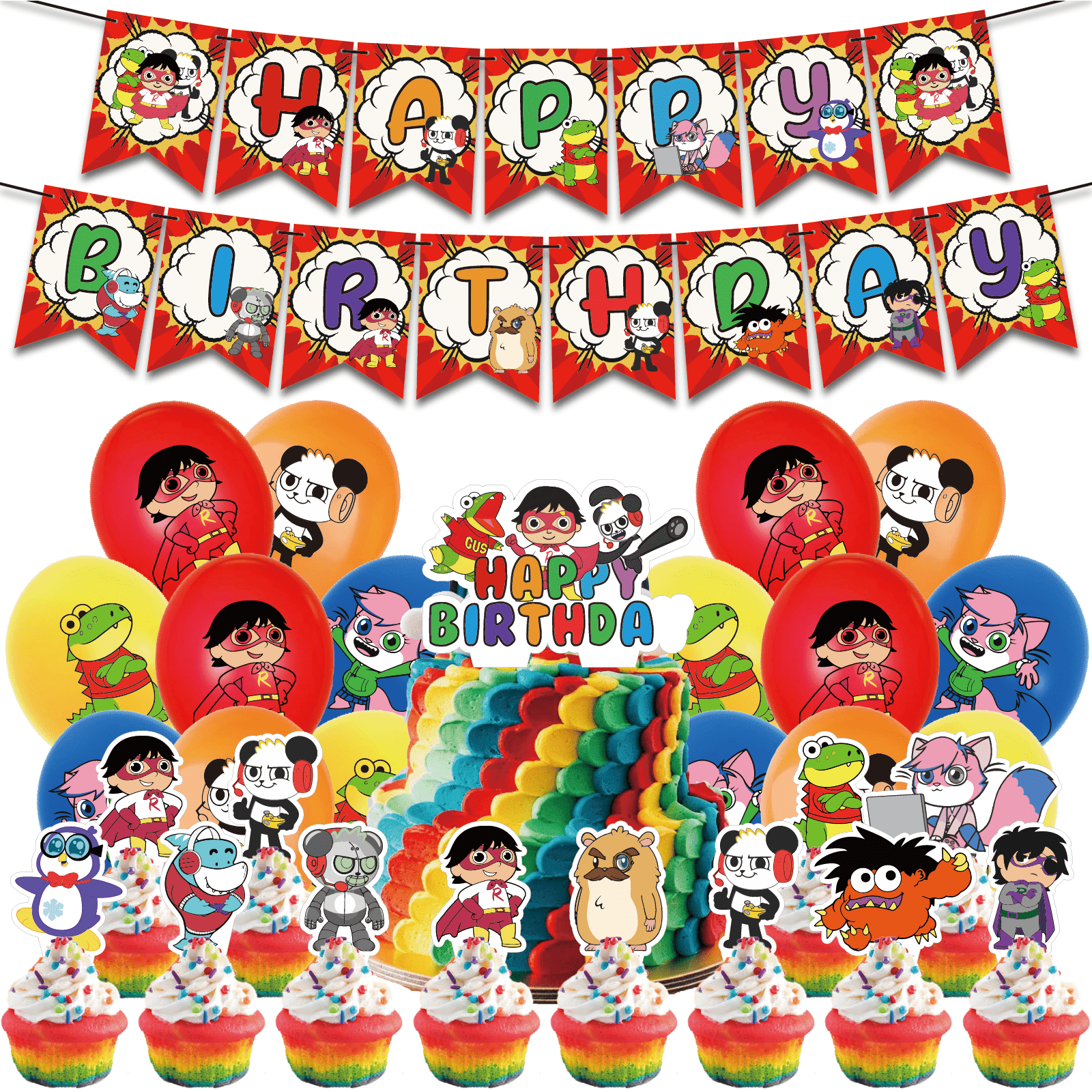 30 Pcs For Ryan's World Theme Birthday Party Decoration Set - Includes Happy Birthday Banner, Cake Topper, Cupcake Toppers, and Balloons for Kids Celebrations