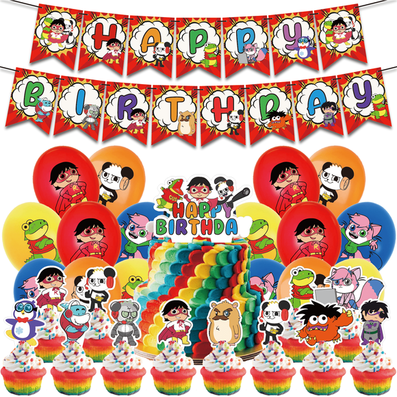 30 Pcs For Ryan's World Theme Birthday Party Decorations Set with 16 Balloons, 12 Cupcake Toppers, Banner, Cake Topper, All-in-One Celebration Kit