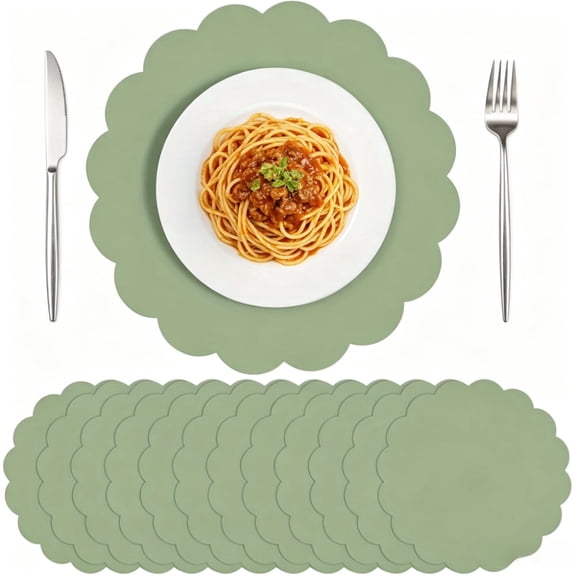 30 Pcs Sage Green Placemats, 13.5in Disposable Scalloped Placemat Round Table Place Mats Decorative Paper for Birthday Wedding Bridal Shower Banquet Tea Party