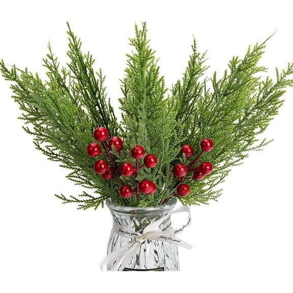 30 Pcs/Set Christmas 3D Artificial Pine Branches- 12.5 Inch Faux Evergreen Cedar Sprigs Branches- Fake Foliage Pine Needles Picks with Artificial Red Berry Stems for DIY Christmas Decoration