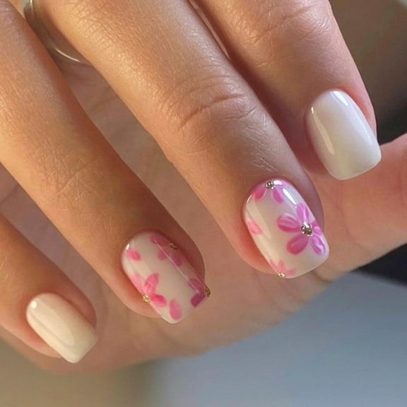 30 Pcs Short Square False Nail Pink Flowers Press On Nail Solid Color Acrylic Nail Glossy Full Cover Stick on Nail