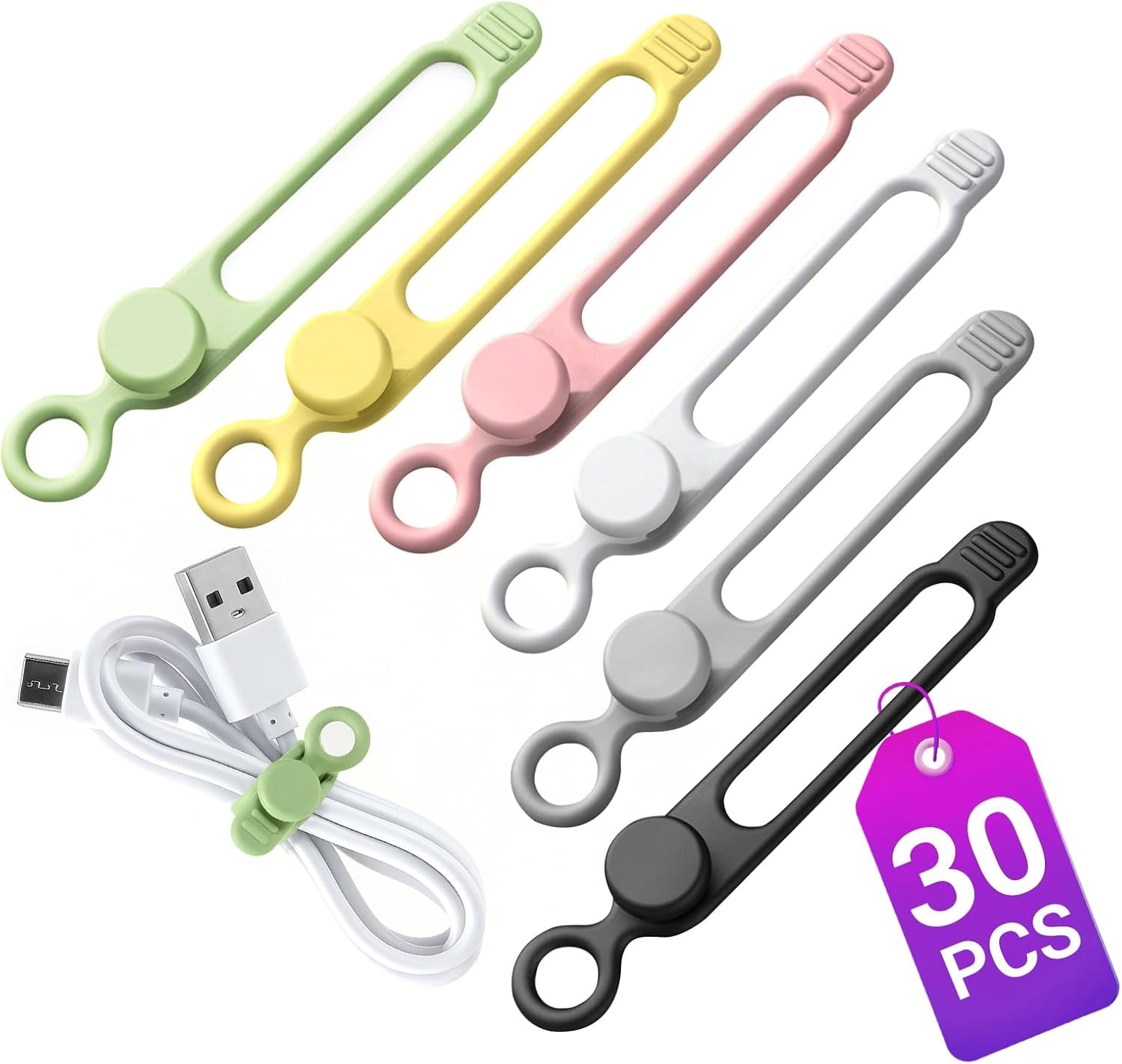 30 Pcs Silicone Cable Ties, Reusable Data Cable Organizer Wire Organizers for Office, Multipurpose Elastic Cord Wraps Cable Management for Charging Cord,Appliances,Home,Office,Kitchen,School,Travel