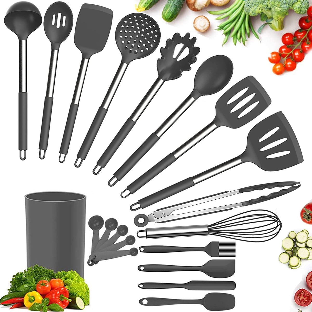 Oannao Silicone Cooking Set - Heat Resistant Stainless Steel Kitchen  Utensils