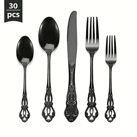 30 Pcs Silverware Flatware Set for 6, Stainless Steel Retro Silverware with Vintage Baroque Design, Mirror Finish & Dishwasher Safe(Black)