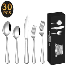 30 Pcs Silverware Set for 6, Kosbon Stainless Steel Flatware Tableware Set, Include Forks Spoons and Knives Set, Mirror Polished Cutlery Utensil Set for Home Restaurant, Dishwasher Safe