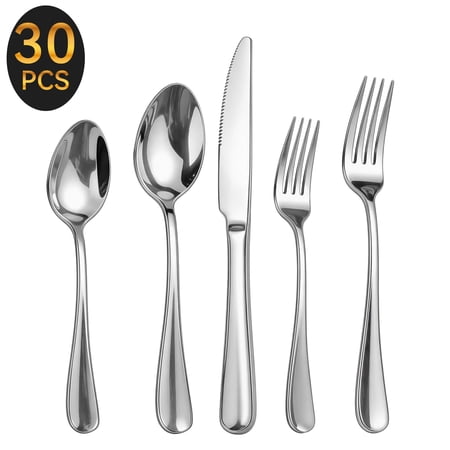 30 Pcs Silverware Set for 6, Kosbon Stainless Steel Flatware Tableware Set, Include Forks Spoons and Knives Set, Mirror Polished Cutlery Utensil Set for Home Restaurant, Dishwasher Safe