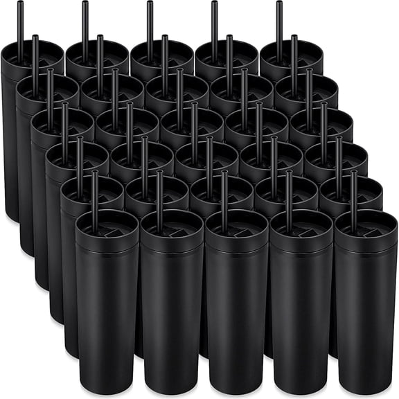 30 Pcs Skinny Tumbler with Lid and Straw, 16 oz Matte Acrylic Tumbler Insulated Double Wall Plastic Reusable Cups Vinyl Customized DIY Gifts for Parties, Birthday, Home, Office(Black)