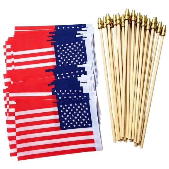30 Pcs Small American Flags, 3.9 x 5.9 in / 10 x 15 cm Mini US Flags on a Handheld Wooden Stick, Polyester Fabric, Gold Spear Top, Flag for Patriotic Parties, Parades, Decorations, Memorial Day