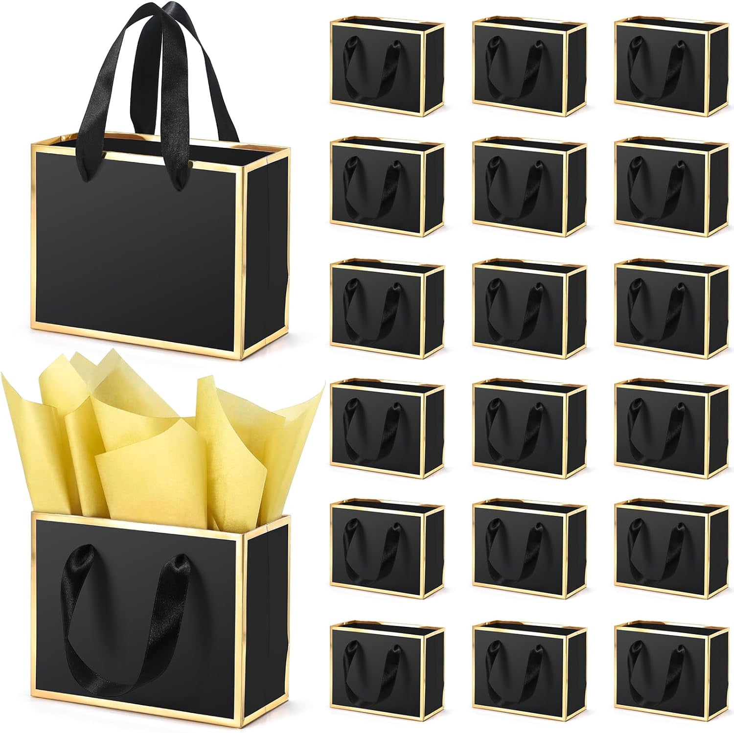 30 Pcs Small Metallic Foil Gift Bags with Handles, Black Gold Thank You Favor Bag with Tissue Paper for Back to School Baby Shower Wedding Mother's Day Christmas Party (6.4x3.1x5.1 Inch)