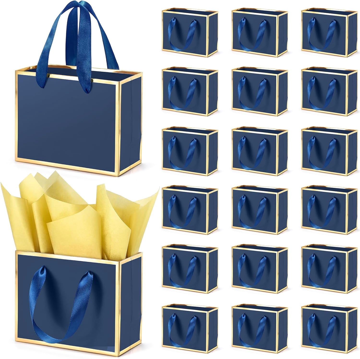 30 Pcs Small Metallic Foil Gift Bags with Handles, Blue Gold Thank You Favor Bag with Tissue Paper for Back to School Baby Shower Wedding Mother's Day Christmas Party (6.4x3.1x5.1 Inch)