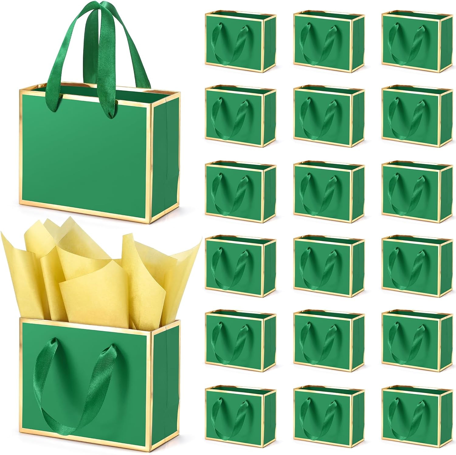 30 Pcs Small Metallic Foil Gift Bags with Handles, Green Gold Thank You Favor Bag with Tissue Paper for Back to School Baby Shower Wedding Mother's Day Christmas Party (6.4x3.1x5.1 Inch)