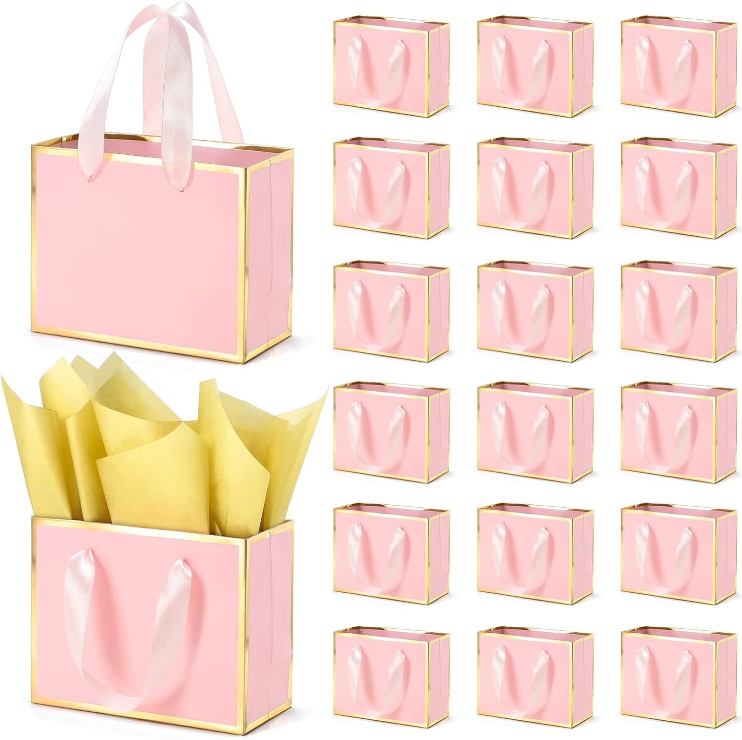 30 Pcs Small Metallic Foil Gift Bags with Handles, Pink Gold Thank You Favor Bag with Tissue Paper for Back to School Baby Shower Wedding Mother's Day Christmas Party (6.4x3.1x5.1 Inch)