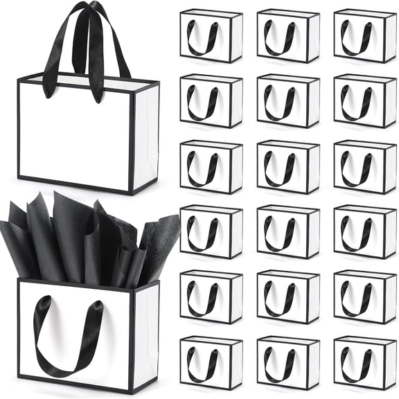 30 Pcs Small Metallic Foil Gift Bags with Handles, White Black Thank You Favor Bag with Tissue Paper for Back to School Baby Shower Wedding Mother's Day Christmas Party (6.4x3.1x5.1 Inch)