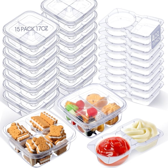 30 Pcs Snack Containers 4 Compartments Double 2 Pack Stackable Small Meal Prep Boxes Disposable Plastic Bento Boxs With Lids For Travel Lunch Condiment (flat)