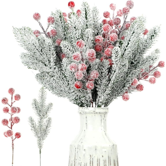 30 Pcs Snowy Cedar Berry Picks, Christmas Frosted Pine Berry Branches, Artificial Red Berry Cedar Stems, Faux Greenery Holly Berry Sprays, Xmas Tree Wreath Floral Party Decor