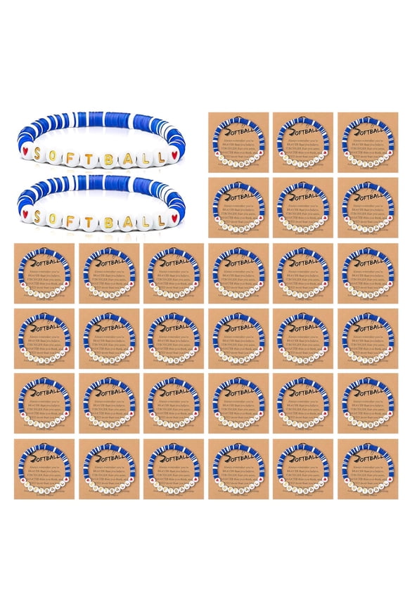 30 Pcs Softball Bracelets, Blue White Clay Bead Bands With Softball Charm, Pottery Jewelry For Team Gifts, Inspirational Cards Attached