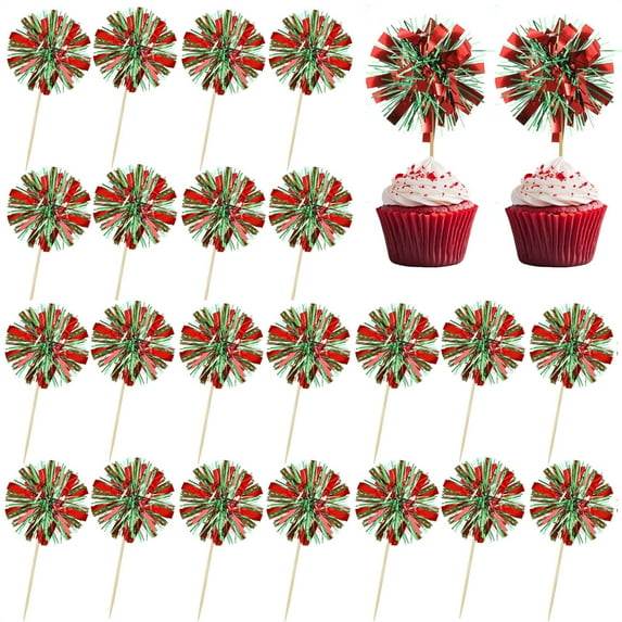 30 Pcs Sparkle Firework Cake Toppers Red Green Foil Tassel Cupcake Picks Tinsel Cake Decorations Drink Stirrers Fruit Toothpicks for Christmas Wedding Birthday Party Decor By Scheam
