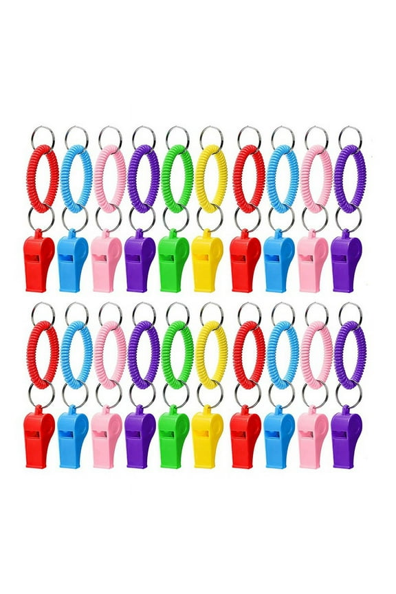 30 Pcs Sport Whistle with Bracelet, Plastic Whistles with Stretchable Coil Wrist Keychain Ring for Coaches, Referees