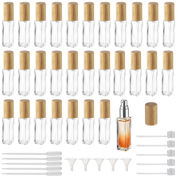 30 Pcs Square Glass Perfume Atomizer, 10ml / 0.34 oz Mini Refillable Spray Bottle with Wooden Cap and Filling Tools, Portable Empty Fine Mist Container for Perfume, Breath Spray, Facial Toner