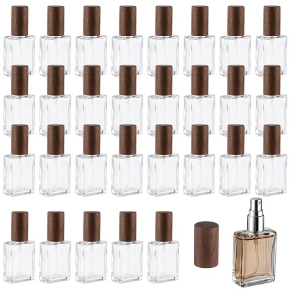 30 Pcs Square Glass Perfume Atomizer, 15ml / 0.51 oz Mini Refillable Spray Bottle with Wooden Cap and Filling Tools, Portable Empty Fine Mist Container for Perfume, Breath Spray, Facial Toner